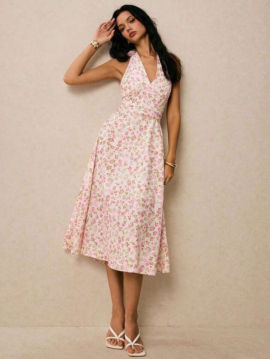 Vestido con espalda descubierta de cuello halter, cintura fruncida y estampado floral diminuto amarillo, adecuado para vacaciones - Rosa - Ver 1