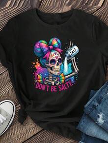 Camiseta con estampado de calavera de graffiti para Halloween, camiseta casual holgada de manga corta, camiseta para mujer - Negro - Ver 7