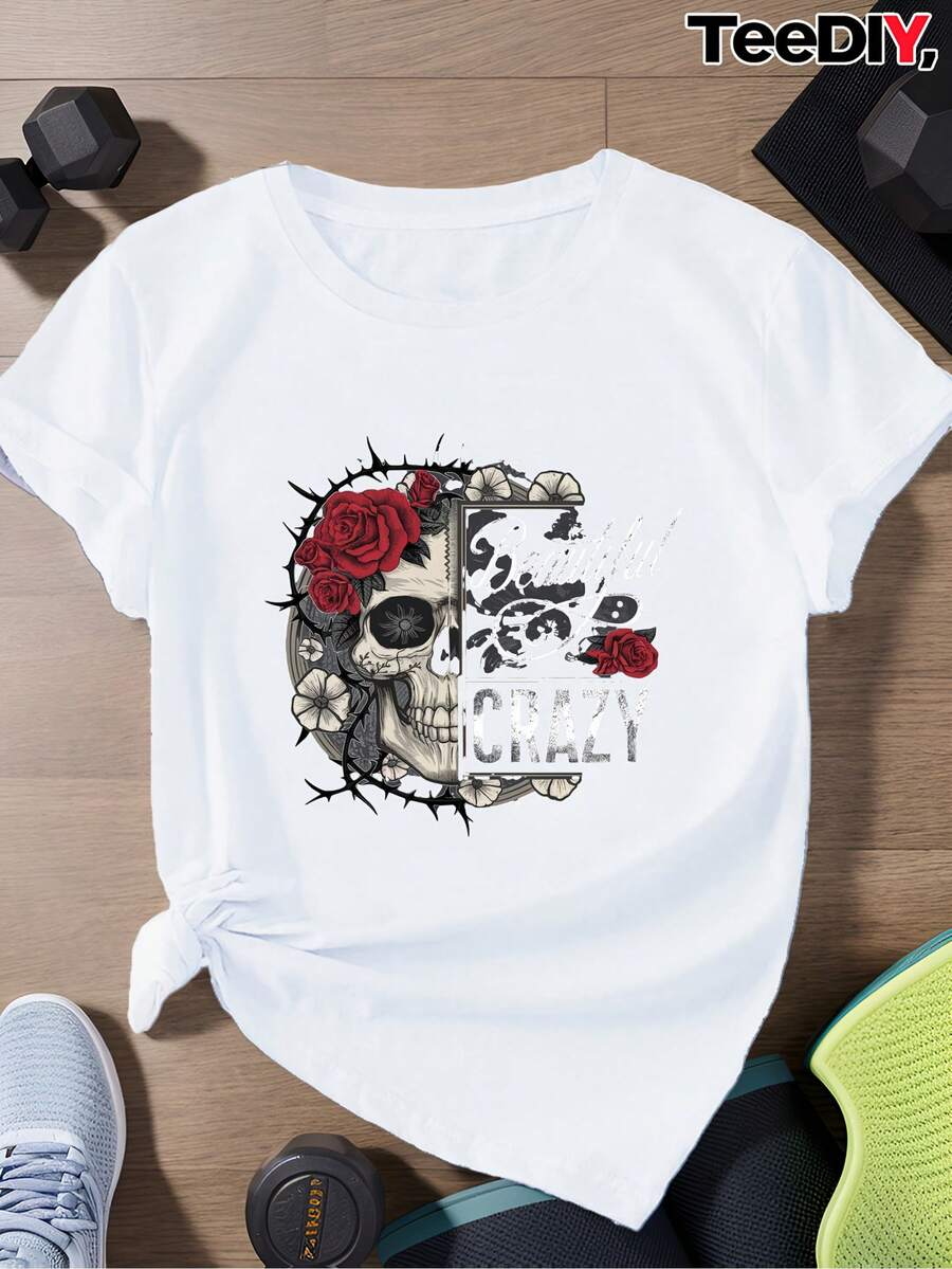 Camiseta deportiva de manga corta para mujer, talla grande, con diseño de calavera y rosa roja, playeras de mujer algodón, blusa negra para dama. - Blanco - Ver 1