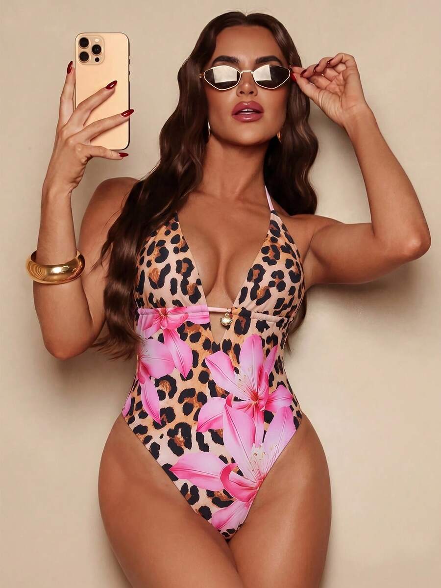 Bikini de una pieza con estampado floral, estilo bohemio, con escote halter y espalda descubierta, traje de baño de vacaciones para mujer - Rosa - Ver 1