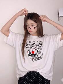 Áo thun ngắn tay nữ mùa hè dáng rộng, chất liệu cotton, in chữ và hoạt hình. - trắng - Xem 2