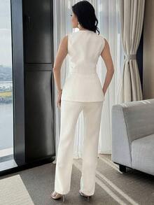 Conjunto de 2 piezas de chaqueta sin mangas de un solo pecho ajustada de unicolor y pantalones acampanados para mujer, para uso casual/trabajo/viaje, primavera/verano - Albaricoque - Ver 3