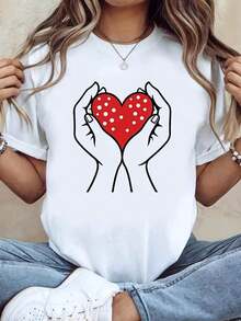 -  - Camiseta de tamaño grande, un regalo romántico para el día de San Valentín a su novia, con una impresión de diseño de corazón que expresa amor. Esta camiseta blanca de cuello redondo de manga corta de las mujeres es lavable en máquina - Blanco - Ver 1