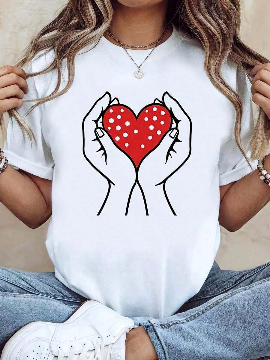 -  - Camiseta de tamaño grande, un regalo romántico para el día de San Valentín a su novia, con una impresión de diseño de corazón que expresa amor. Esta camiseta blanca de cuello redondo de manga corta de las mujeres es lavable en máquina - Blanco - Ver 1