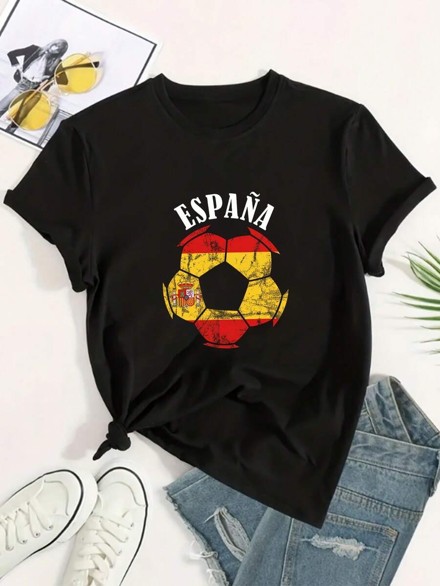 Camiseta de Fútbol con Estampado de España para Mujer - Camiseta Gráfica de Balón y Bandera Española, Cuello Redondo Transpirable, Manga Corta Casual con Elasticidad Media, Ropa de Verano Lavable a Máquina, Moda Urbana, Ajuste Cómodo - Negro - Ver 1