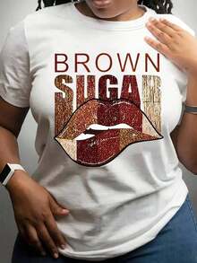 Camiseta de Moda para Mujer con Estampado de Labios y Letras, Manga Corta, Cuello Redondo, Estilo Casual, Tela Ligeramente Elástica, Ideal para Primavera, Verano y Otoño - Estilo - Ver 1