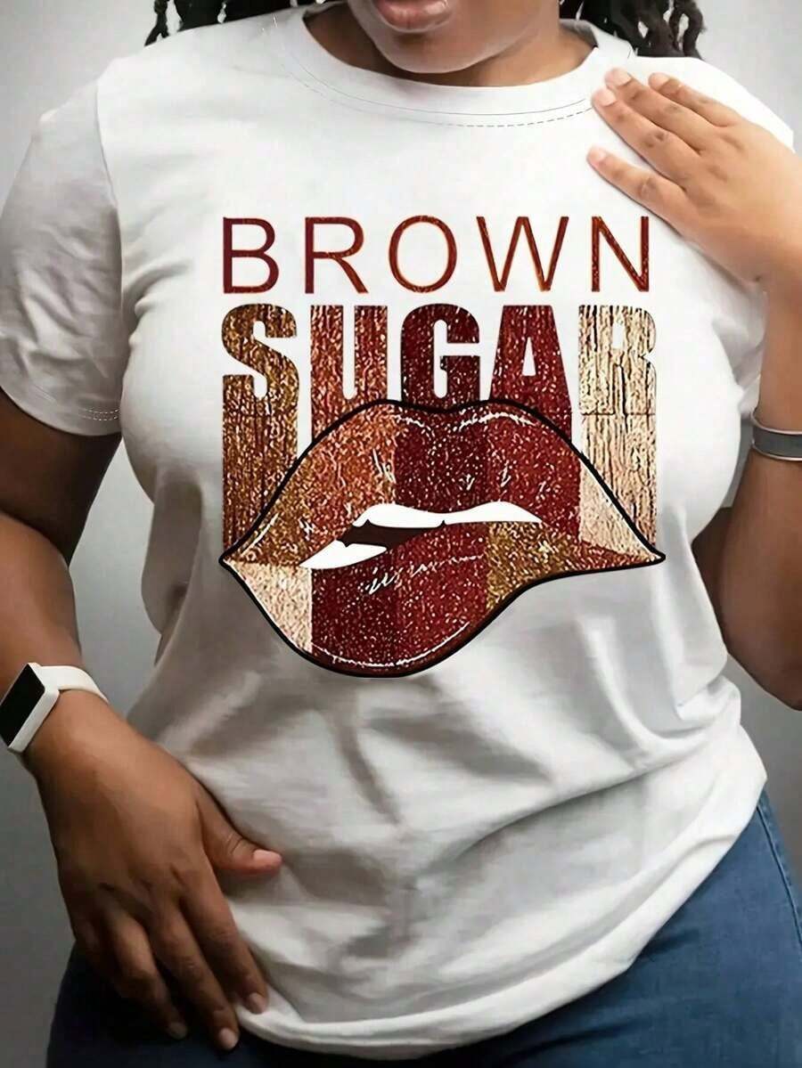 Camiseta de Moda para Mujer con Estampado de Labios y Letras, Manga Corta, Cuello Redondo, Estilo Casual, Tela Ligeramente Elástica, Ideal para Primavera, Verano y Otoño - Estilo - Ver 1