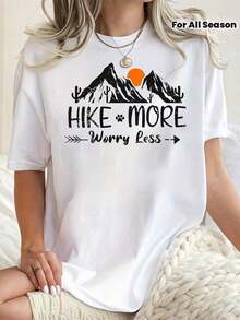 Ropa de talla grande para mujer - Camiseta gráfica "Hike More Worry Less" para mujer - Camiseta blanca de corte holgado con diseño de amanecer, montañas y cactus - Ajuste relajado, ideal para aventuras al aire libre y uso casual.Conjuntos de San Valentín para Mujer, Regalo de San Valentín, St.Ropa para el Día de San Patricio, Camisetas Gráficas para Mujer, Camisetas Gráficas Divertidas Vintage para Mujer - Estilo - Ver 1