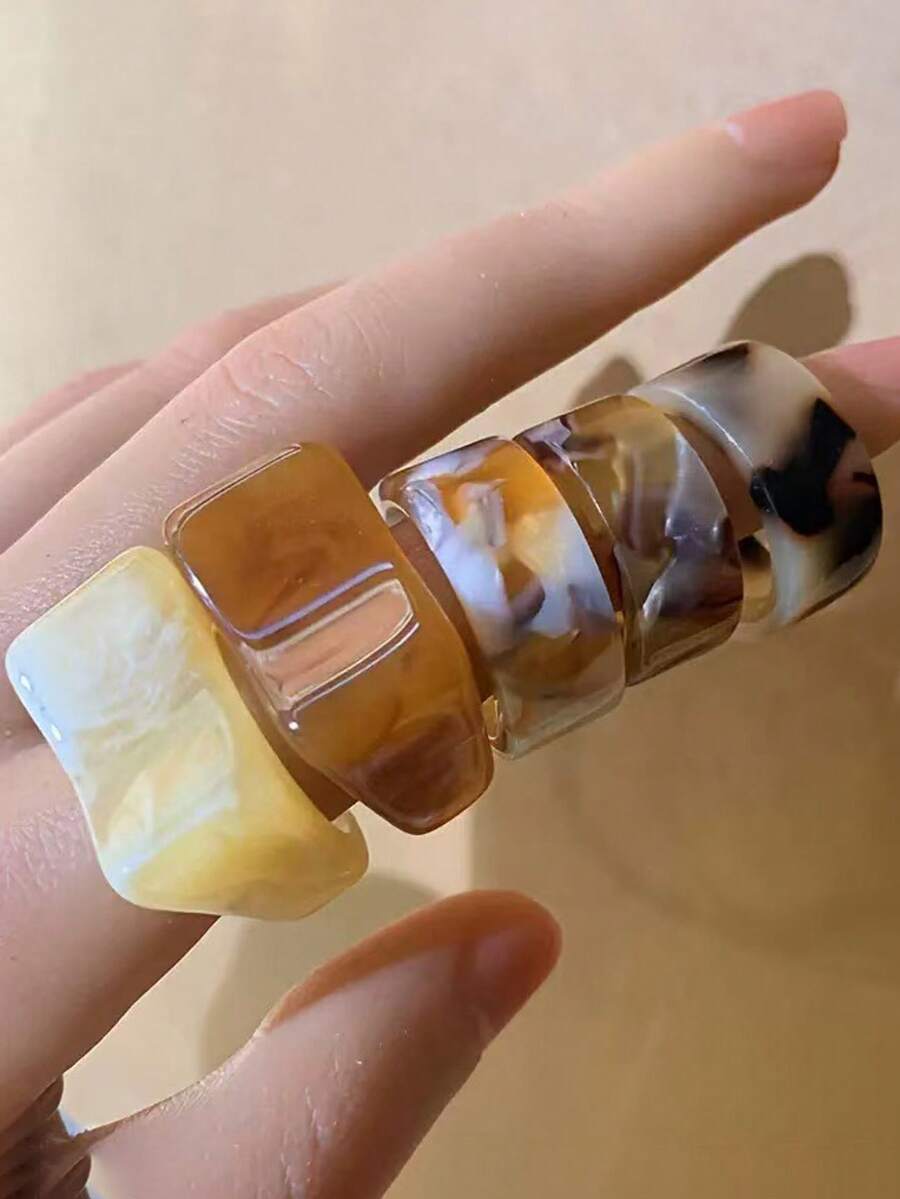 Set de 5 anillos apilables de resina exagerados, anillos gruesos con formas geométricas y en forma de corazón que llaman la atención, joyería con estilo retro de dopamina para mujeres - Multicolor A - Ver 1