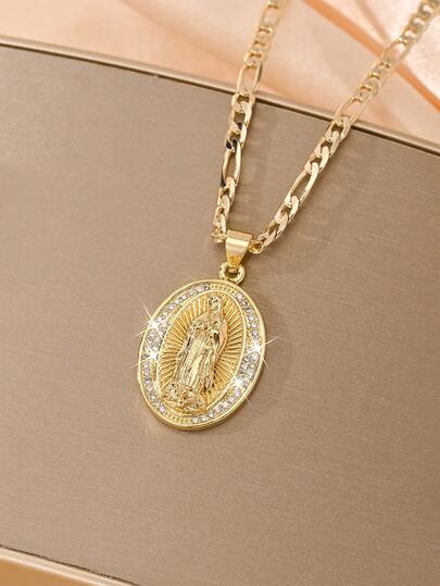 1PC Catholic Retro Style Pendant Necklace For Women, Our Lady Of Guadalupe Design With Exquisite Hollow Carving And Sparkling Zirconia Inlay. Paired With 50cm Figaro Chain, Elegant, Sacred And Retro. A Perfect Baptism Gift With Blessing And Protection Meaning, Suitable For Daily Wear, Church Ceremonies And Commemorative Gifting.