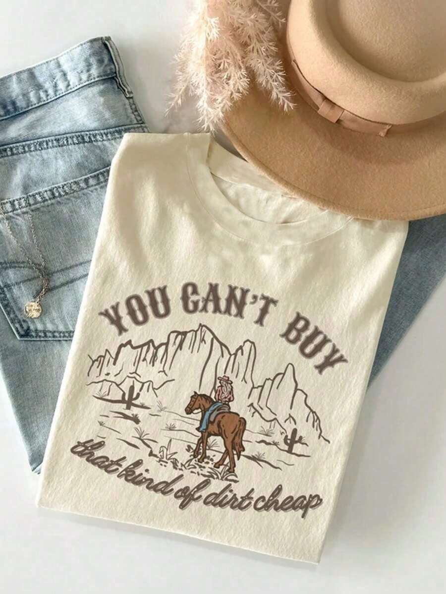 Camiseta gráfica occidental para mujer, estilo occidental campestre del desierto, estilo de festival de música country, camiseta gráfica de cuello redondo con estampado occidental de moda para mujerPure-Cotton - Albaricoque - Ver 1