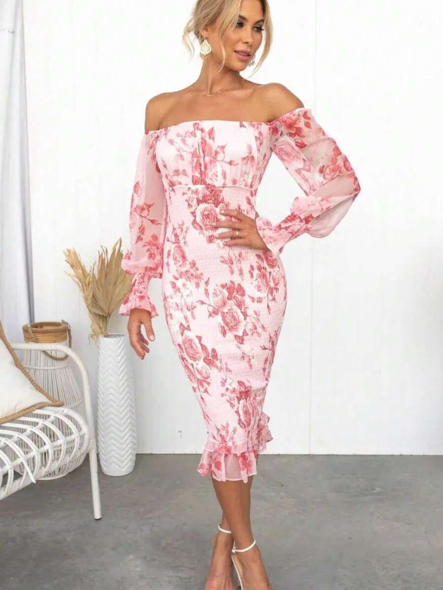 Vestido otoñal estampado cuello barra manga larga cintura elástica corte sirena sensual estilo europeo elegante para mujer - Rojo - Ver 1