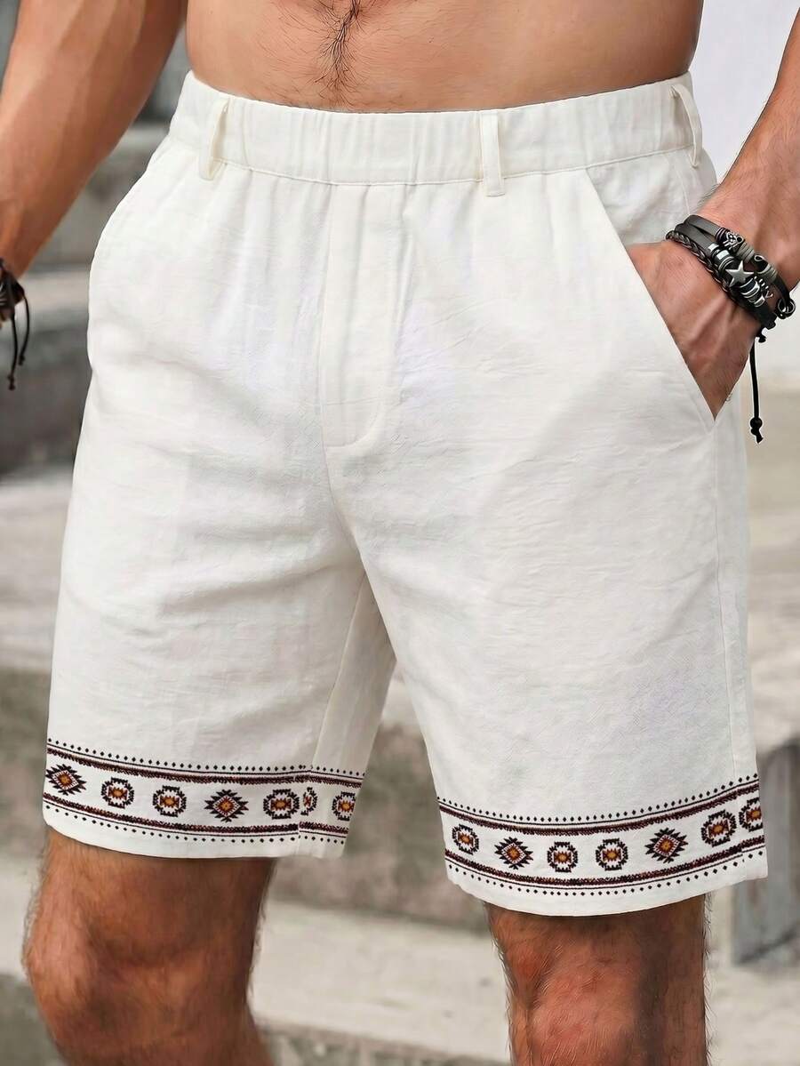 Men's Beige Linen Blend Shorts, Geometric Print Hem, Bohemian Style Beach Shorts, Lightweight Loose Casual Pants For Summer - White - View 1