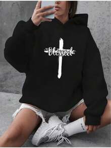 Sudadera con capucha para mujer - Atuendo para fiestas navideñas - Suéter suave para el día a día en otoño - Sudadera casual lavable a máquina - Negro - Ver 6