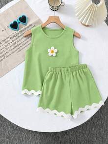 2pcs/Set Girls' Summer Casual Sleeveless Top And Solid Color Shorts Set - Green - View 5