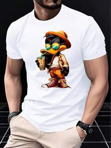 Camiseta de hombre con estampado digital, camiseta casual de manga corta para hombre con un estampado de un lindo pato de dibujos animados con sombrero, adecuada para el uso diario en la calle durante el verano. - Blanco - Ver 1