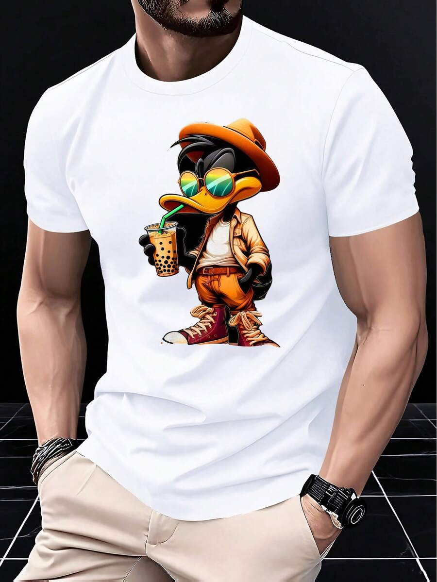 Camiseta de hombre con estampado digital, camiseta casual de manga corta para hombre con un estampado de un lindo pato de dibujos animados con sombrero, adecuada para el uso diario en la calle durante el verano. - Blanco - Ver 1