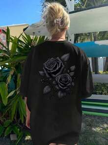 Conjunto de diez piezas de camisetas de primavera-verano para mujer, de talla grande, cuello redondo, hombros caídos, cómodas y holgadas, con estampado de gran tamaño -- Camiseta minimalista de algodón de manga corta para el día a día, transpirable y cómoda. - Negro - Ver 1