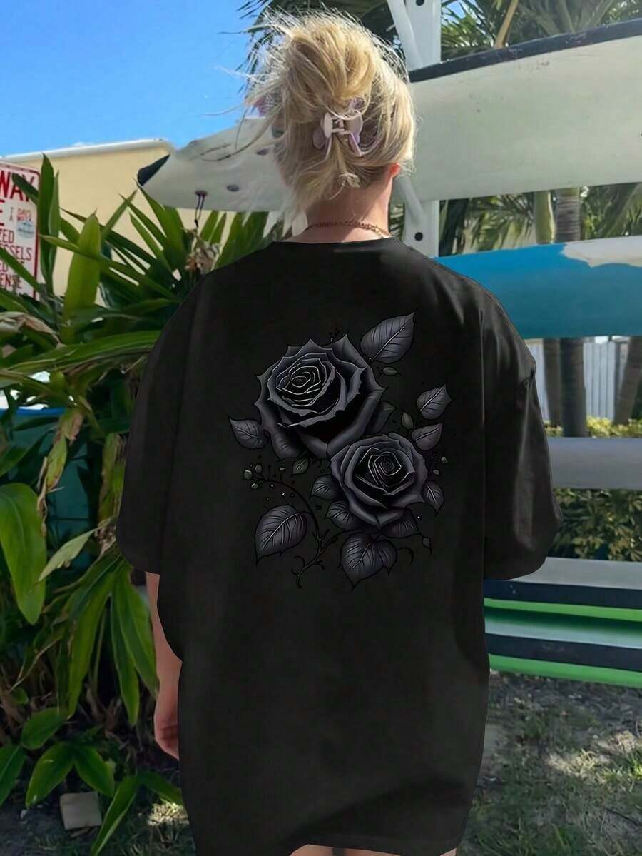 Conjunto de diez piezas de camisetas de primavera-verano para mujer, de talla grande, cuello redondo, hombros caídos, cómodas y holgadas, con estampado de gran tamaño -- Camiseta minimalista de algodón de manga corta para el día a día, transpirable y cómoda. - Negro - Ver 1
