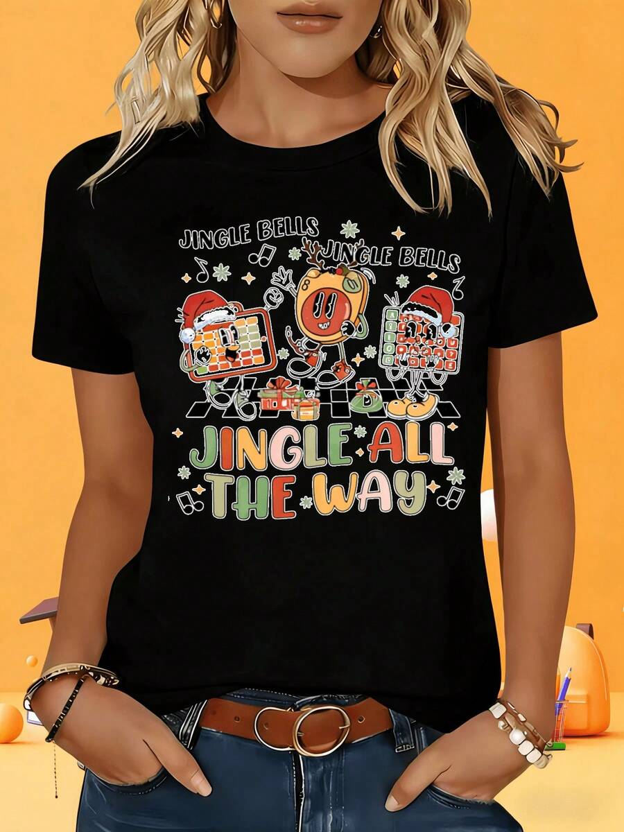 Women's Vintage White Short Sleeve T-Shirt, Christmas T-Shirt With Bells And Fun Cartoon Characters Print, Festive Design For Women, Gift For Outdoor Parties And Leisure Occasions, Graphic T-Shirt - 黑色 - 查看 1