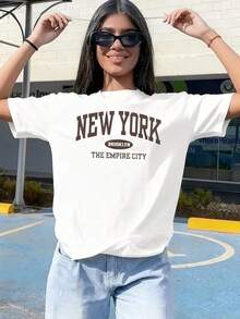 Camiseta Holgada Sencilla Mujer Estilo Moderno Camisetas Gráficas para Mujer: Camiseta Estampada NEW YORK BROOKLYN THE EMPIRE CITY|   Transpirable, ligera, cómoda, camiseta casual de cuello redondo, ideal para primavera/verano, moderna y elegante.100% algodón.Camiseta Mujer Estampado Gráfico  Verano 2026 - Blanco - Ver 5