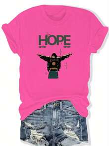 Women's Plus Size "Hope On The Street" Graphic T-Shirt - Casual Crew Neck, Short Sleeve, Lightweight, Summer And Spring Fashion, Relaxed Fit, Everyday Wear T-Shirt | Loose Fit T-Shirt | Lightweight Fabric - 玫紅色 - 查看 1