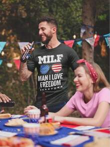 180g Men's And Women's  I Love Freedom Shirt Milf 4th July Shirt Funny 4th Of July Shirt Men Usa Flag Patriotic American Merica Shirt Memorial Day Shirt - màu đen - Xem 2
