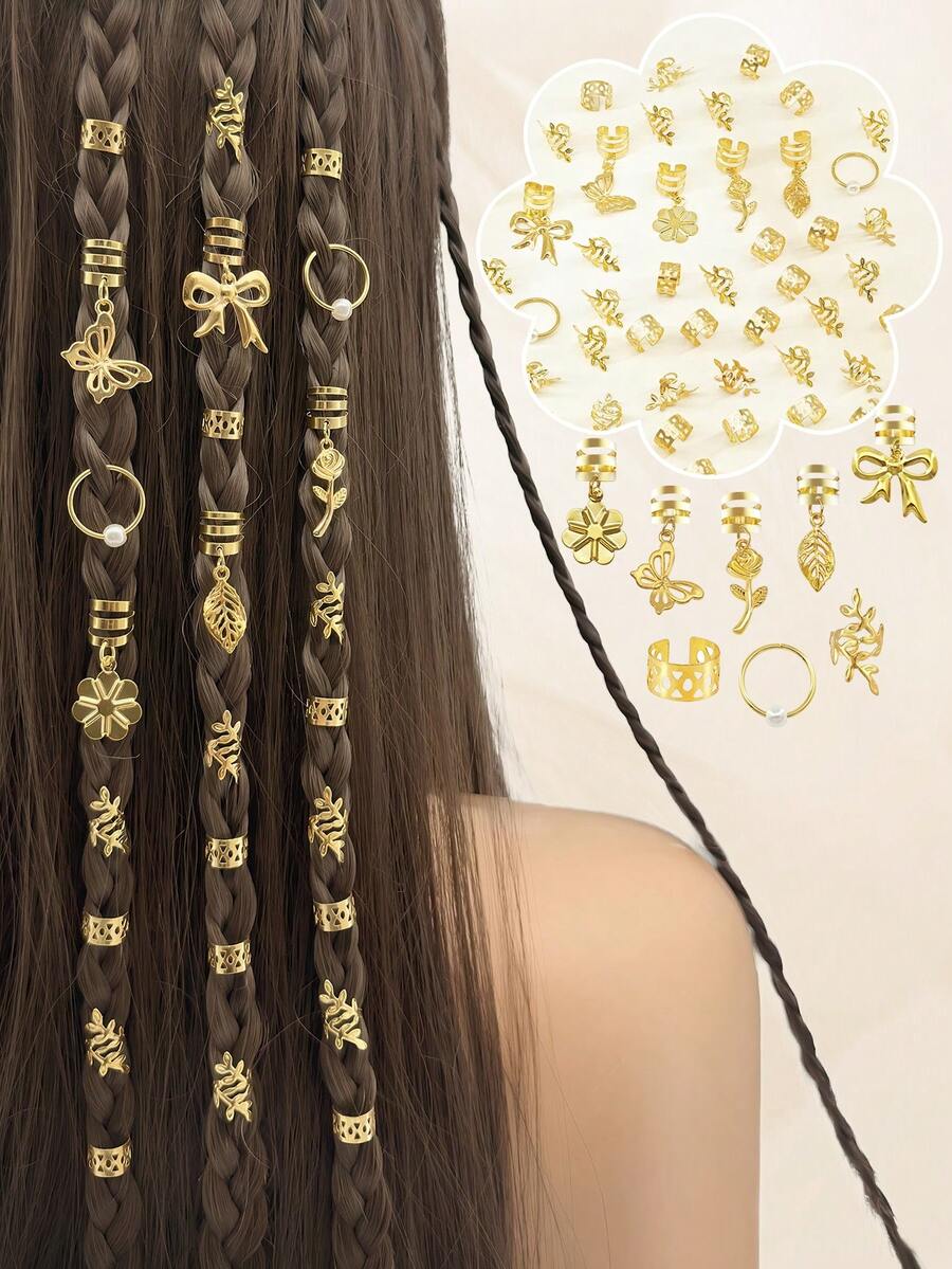 47件金色蝴蝶、玫瑰、蝴蝶结和叶子发圈 – 优雅可调节发箍,浪漫波西米亚风发饰,适合脏辫和编发 - 金色 - 查看 1
