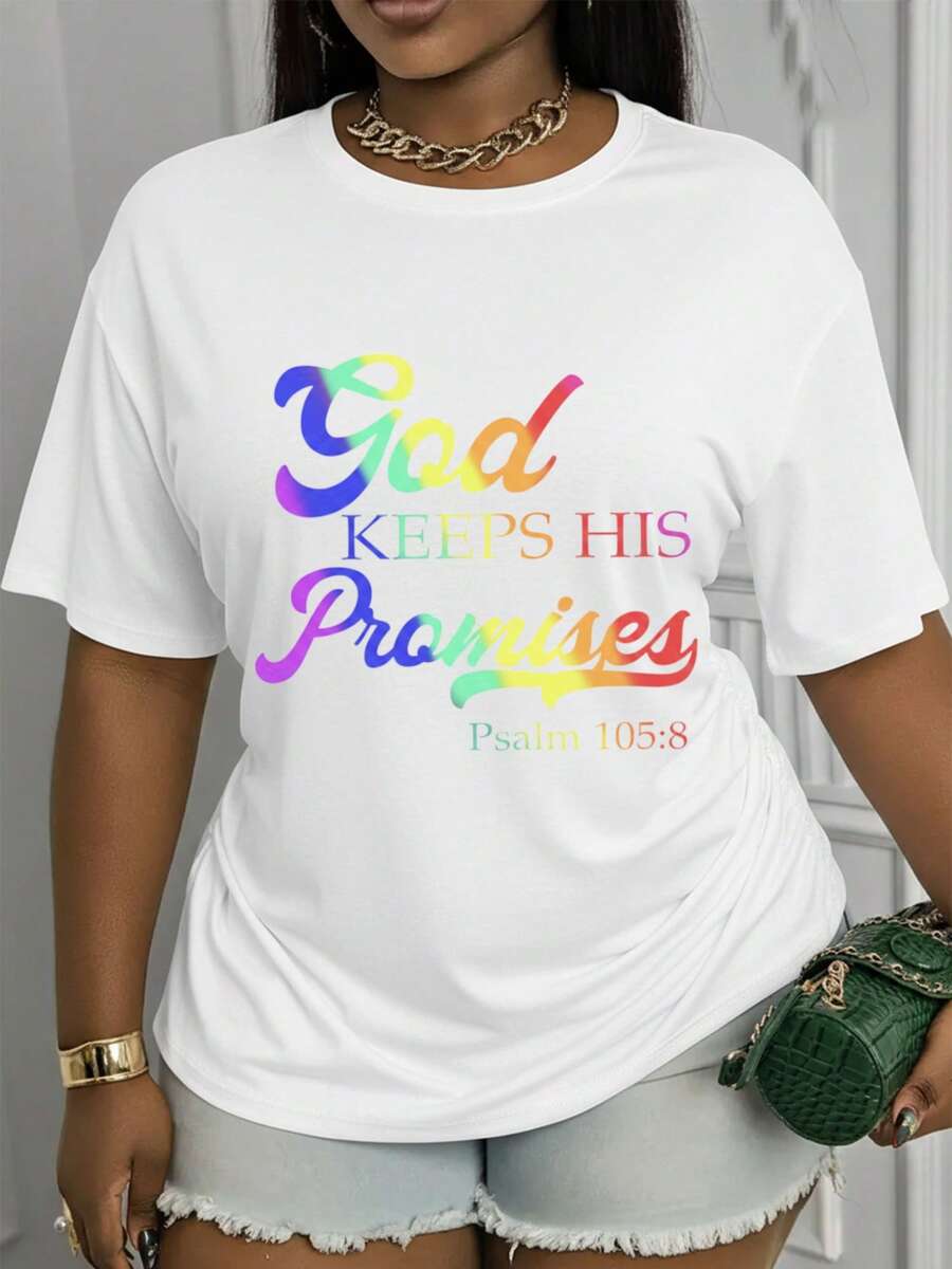 Camiseta de manga corta con cuello redondo y estampado - El tema del diseño es "Dios cumple sus promesas" (Salmo 105:8).Este elegante top presenta un diseño casual de cuello redondo y está confeccionado con un tejido suave y elástico.Lavable a máquina y adecuada para todas las estaciones, proporcionando una experiencia de uso cómoda. Camiseta de verano fresca para mujer. - Blanco - Ver 1