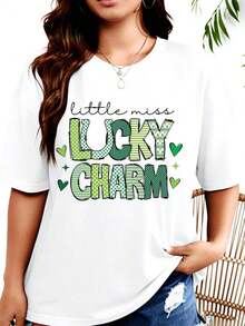 Camiseta de mujer TideLittle Miss Lucky Charm para el Día de San Patricio, camiseta gráfica casual para celebraciones festivas, diseño de patrón verde, atuendo divertido para vacaciones, camiseta de moda para mujer. - Blanco - Ver 1