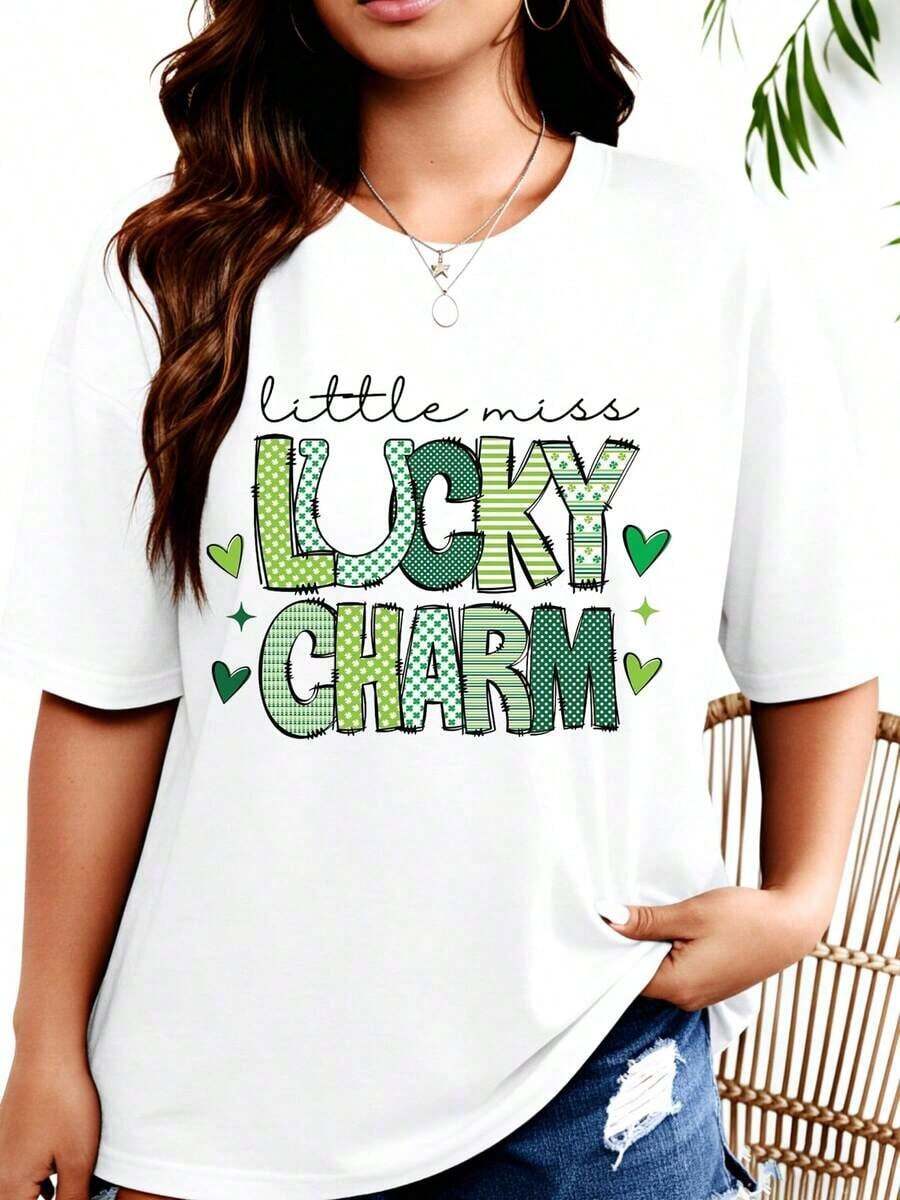Camiseta de mujer TideLittle Miss Lucky Charm para el Día de San Patricio, camiseta gráfica casual para celebraciones festivas, diseño de patrón verde, atuendo divertido para vacaciones, camiseta de moda para mujer. - Blanco - Ver 1