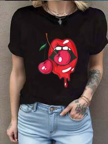 Soft 100% Cotton Women's T-Shirt With Cherry Blossom And Leaf Print - Short-Sleeved Crew Neck T-Shirt With Black/Red Fruit Design, Lightweight And Casual Blouse For Spring And Summer Outfits, Comfortable Fit And Easy Care. Breathable Cotton T-Shirt, Goes With Everything. - 黑色 - 查看 1