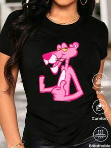 180 g Hecho en México, Moda Primavera/Verano 2026 Camiseta de manga corta, Estampado de dibujos animados, Estilo para parejas, Ropa interior/exterior, Cuello redondo informal para la oficina, Top unisex de una pieza - Negro - Ver 1