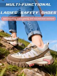 Zapatos de moda estacional para mujer con cordones, diseñados para prevenir aplastamientos y pinchazos, adecuados para trabajo, minería y construcción - Caqui - Ver 3