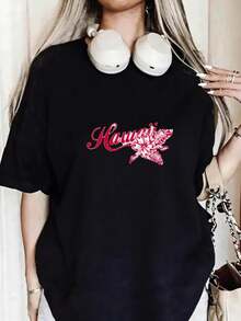 Camiseta de Mujer, Camiseta con Estampado Floral, de Hojas y Texto "Hawaii", Talla Grande, Manga Corta, Estilo Deportivo, Estilo Retro Casual, Cuello Redondo Suave, Elástica, Suave y Transpirable, Lavable a Máquina, Cómoda y de Secado Rápido, Ideal para Uso Casual, Camisetas para Salir para Mujer - Negro - Ver 7