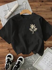 Graphic Print T-Shirt, Short Sleeve, Round Neck, Casual Top For Summer And Spring, Women's Clothing - Black - View 2