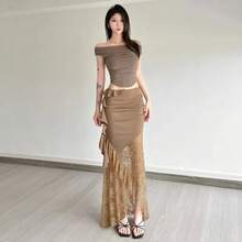 SylCue-faldas largas de malla de retales para mujer, faldas ajustadas con cintura elástica, volantes fruncidos lisos, borlas, moda urbana, estilo elegante - Marrón - Ver 2