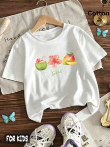 Girls Summer Beach Style Fruit Print Short Sleeve T-Shirt, Tween Girl Summer Clothes, 1pc Customized 6-12 Years Old Big Kids Summer Top, Unisex Basic T-Shirt, Fun Casual Versatile, Daily Wear, Sports, Carnival, Birthday Party, Children's Graduation Ceremony, Y2K Style, Vacation Travel Beach Outfit - White - View 3