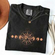 1 pieza [100% Algodón Prelavado] Camiseta Celestial, Camiseta con Fases Lunares, Camiseta Boho Mística de Luna y Sol, Camisetas Estampadas para Mujer - Estilo Urbano Vintage, Camiseta Unisex de Algodón Suelto de Manga Corta con Cuello Redondo, Ropa de Verano para Mujer, 180g Algodón 100% - Negro - Ver 7
