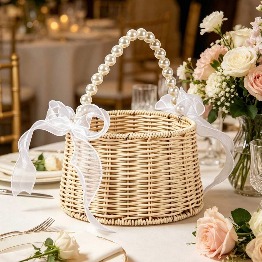 Wicker Flower Girl Baskets With Bows Rustic Pearl Willow Wedding Baskets For Party Banquet Ceremony Decoration - White - View 1