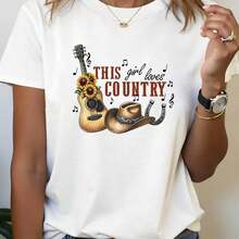 Talla Grande - Talla Grande - Este Adorable Estilo Country con un Relajo y un Vibe, Presentando una Guitarra, Sombrero de Vaquero y Patrones de Girasoles en una Camiseta Casual de Mujer de Talla Grande con Cuello Redondo para Primavera y Verano, Perfecta para Uso Diario, Compras - blanco - Ver 1