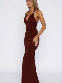 Vestido largo sin mangas cuello V ajustado con lazos espalda descubierta estilo europeo elegante verano para mujer - Burdeos - Ver 3