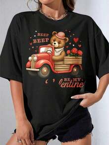 Camiseta Negra y Blanca para Niña con Estampado de Oso Lindo Conduciendo un Camión Rojo con Rosas y la Frase "Beep Beep Be My Valentine", Ideal para Regalo de San Valentín, Noche Romántica, Uso en Fiestas al Aire Libre, Camiseta Casual Estampada de 180g - Negro - Ver 1