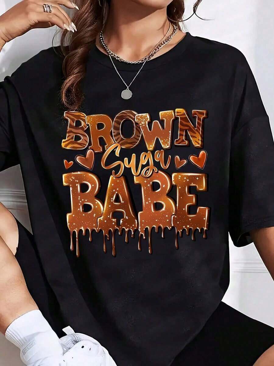 Camisa oversize con estampado gráfico "Brown Sugar Babe" para mujer, de uso casual y fashionista para el verano.Es una camiseta perfecta para regalar a amigos y familiares en cualquier fiesta u ocasión festiva, 220g - Negro - Ver 1