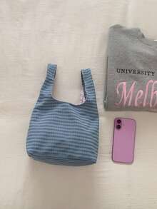 1 pieza Bolso de mano de nailon con parche de cuadros, bolso de mano con parte superior abierta para mujeres, bolso de mano pequeño para uso casual y diario - Azul - Ver 3