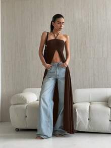 Vestido elegante sin mangas estilo halter diseño exclusivo, corte ajustado con abertura amplia, estilo versátil y único - Marrón - Ver 2