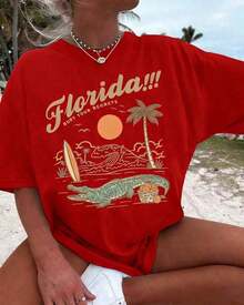Camiseta con Estampado de Palmeras de Florida - Camiseta Casual de Manga Corta para Mujer, con Gráficos de Palmeras y Tablas de Surf, Cuello Redondo, Ideal para Ropa de Verano y Playa |       Camisa Estilo Vacaciones | Ropa Cómoda, Camisa de Playa - Top Corto Blanco y Azul Marino con Hombros Descubiertos (Unisex) - Atuendo para el Día de San Patricio - Ropa de Verano para Mujer - Tops de Verano para Mujer - Top Blanco - Atuendos de Vacaciones para Mujer - Camisetas de Cuello Redondo de Algodón 100% Tejido Suave de Manga Corta - Rojo - Ver 1