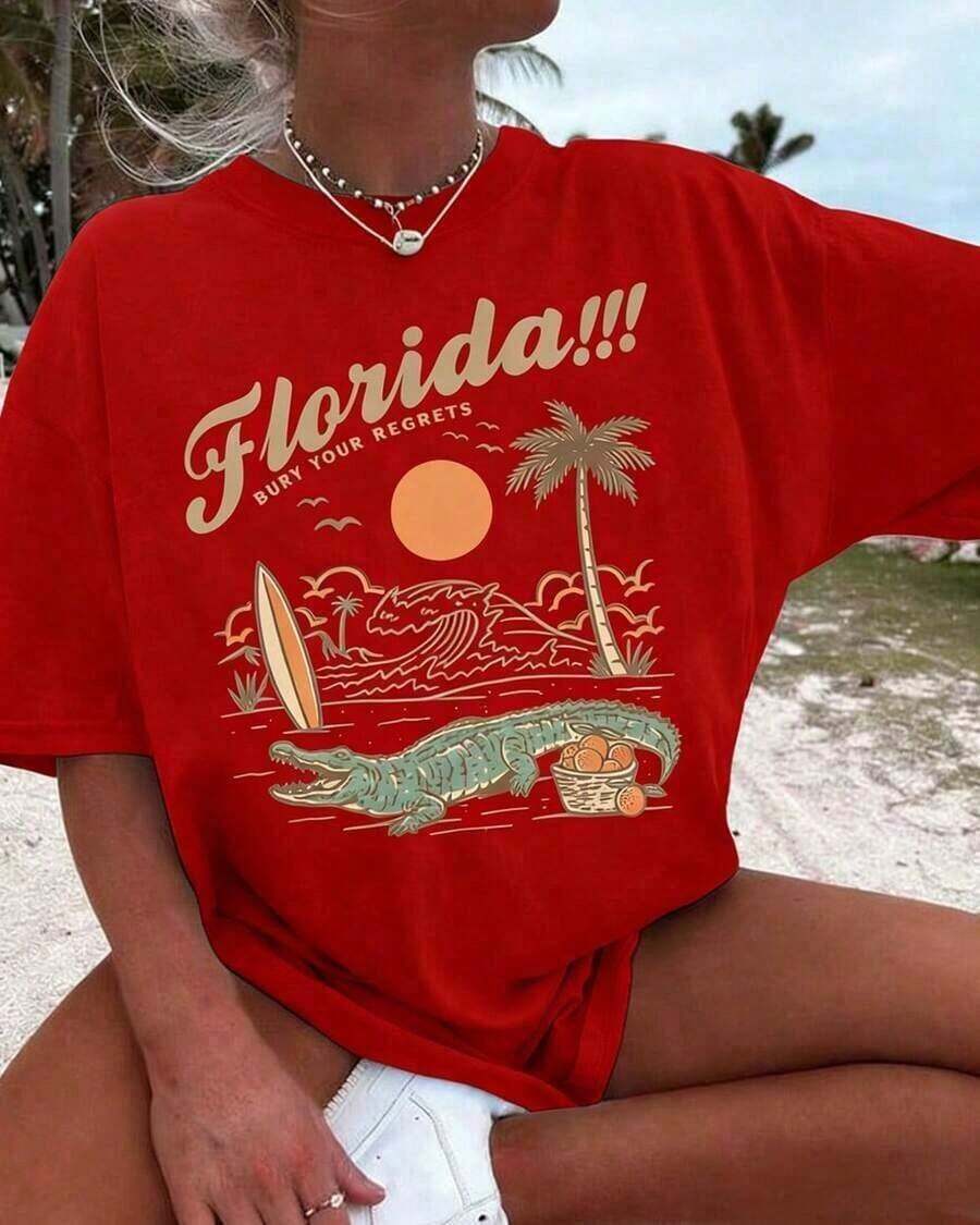 Camiseta con Estampado de Palmeras de Florida - Camiseta Casual de Manga Corta para Mujer, con Gráficos de Palmeras y Tablas de Surf, Cuello Redondo, Ideal para Ropa de Verano y Playa | Camisa Estilo Vacaciones | Ropa Cómoda, Camisa de Playa - Top Corto Blanco y Azul Marino con Hombros Descubiertos (Unisex) - Atuendo para el Día de San Patricio - Ropa de Verano para Mujer - Tops de Verano para Mujer - Top Blanco - Atuendos de Vacaciones para Mujer - Camisetas de Cuello Redondo de Algodón 100% Tejido Suave de Manga Corta - Rojo - Ver 1