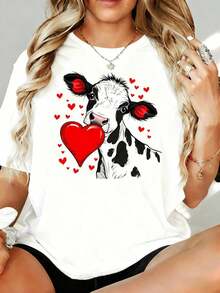 Camiseta Casual para Mujer con Estampado de Corazón de Vaca, Temática de Amor para el Día de San Valentín, Blanca, Talla Grande, Corte Holgado, 180g, para Ocio en Casa, Aire Libre, Regalo para Fiesta de San Valentín - Blanco - Ver 1