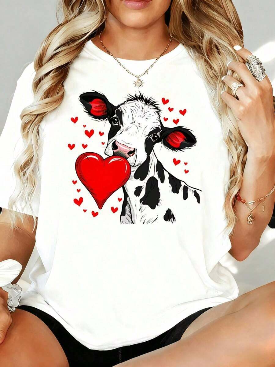 Camiseta Casual para Mujer con Estampado de Corazón de Vaca, Temática de Amor para el Día de San Valentín, Blanca, Talla Grande, Corte Holgado, 180g, para Ocio en Casa, Aire Libre, Regalo para Fiesta de San Valentín - Blanco - Ver 1